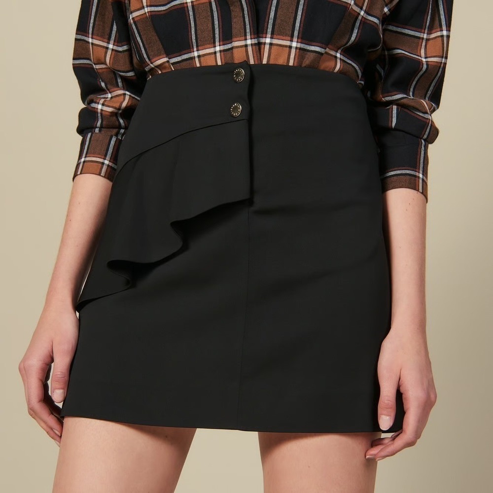Sandro Paris Janne Black Asymmetric Ruffle Mini Skirt Gold Buttons Size 2 $395